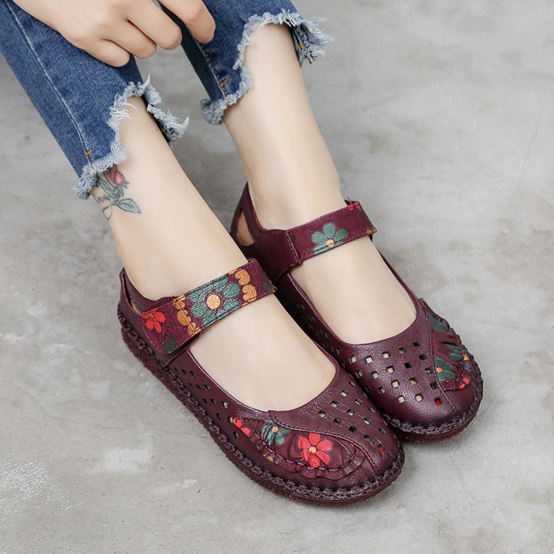 GKTINOO Spring Fashion Flower Design Round Toe Soft Bottom Flat Shoes Vintage Genuine Leather Women Flats Girl Loafer Large Size