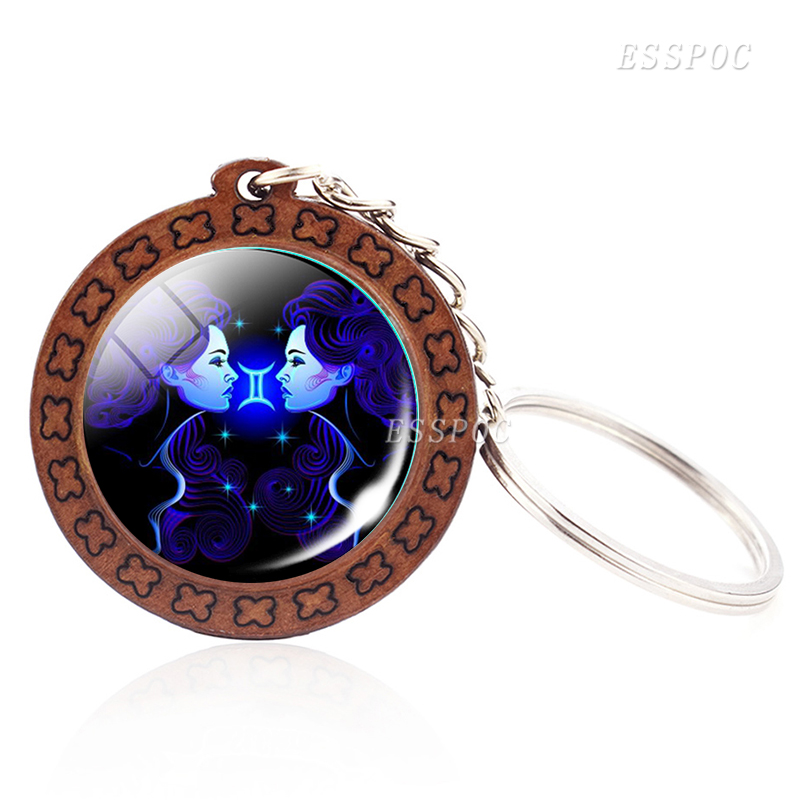12 Constellations Wooden Key Chains 12 Zodiac Signs Glass Cabochon Pendant Keychain Aries Leo Scorpio Pisces Cancer Keyring