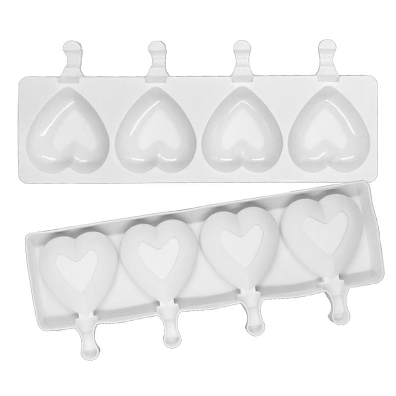 Ice Cream Mold 4 Cavities Heart Shaped Popsicle Mold Ice Pop Mold With Sticks Silicone Cake Mould Dessert Baking Tools