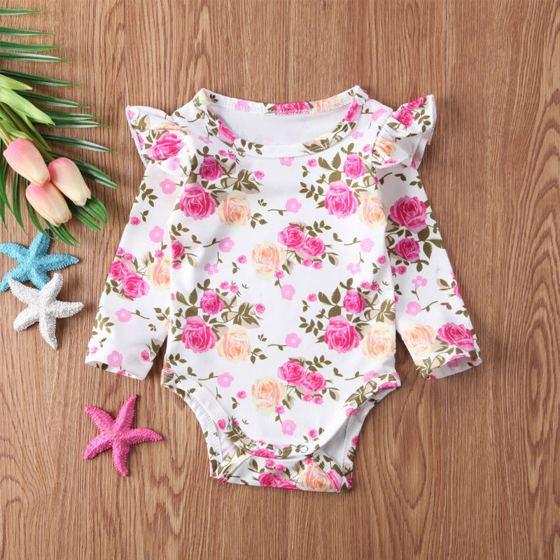 2020 Brand New Toddler Infant Newborn Baby Girls Kids Long Butterfly Sleeve Romper Outfits Playsuit Jumpsuit Floral Clothes 0-3Y