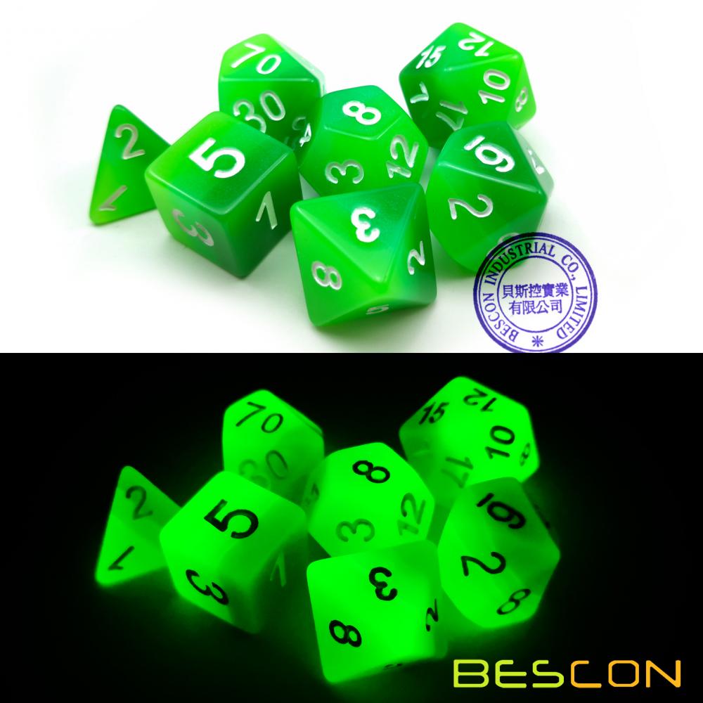 Bescon Gradient Glowing Polyhedral Dice 7pcs Set FOREST LIGHT, Gradual Luminous RPG Dice Set Glow in Dark, Novelty DND Game Dice