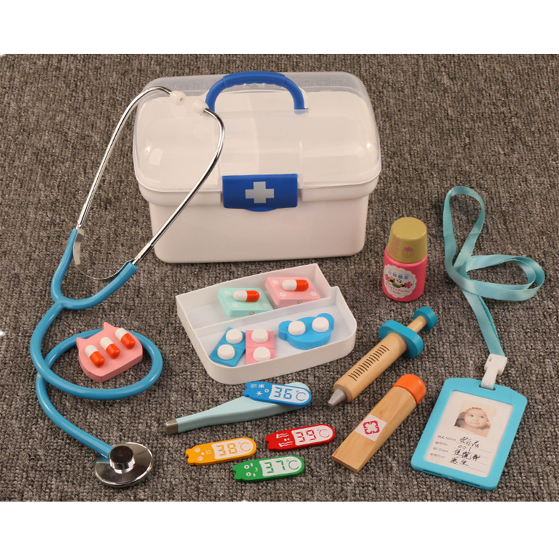 Wood Children Pretend Play Doctor Toys Dentist Extract Teeth Tool sethescope for Kids medical supplies Chest Set with suitcase