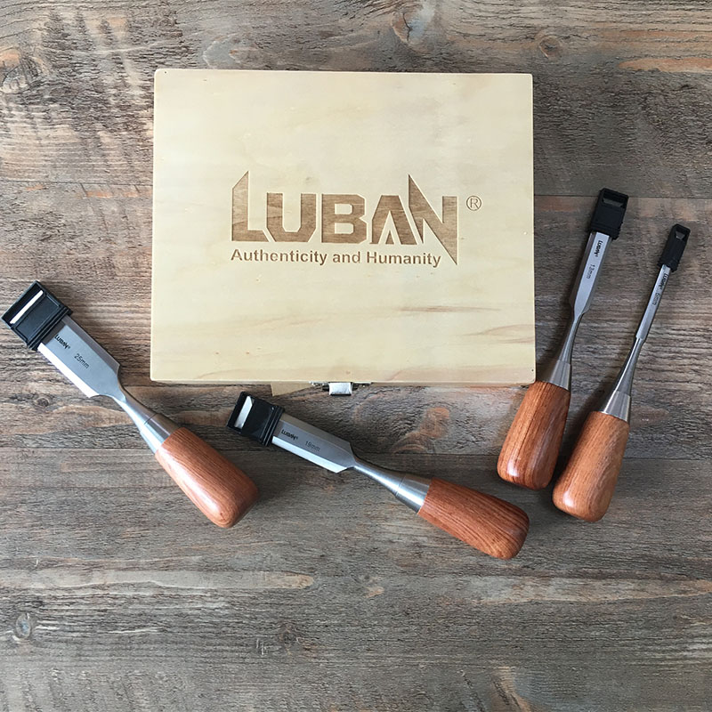 LUBAN 4pcs/set short wood chisels flat chisels chrome vanadium steel tool bar rosewood handle wooden box