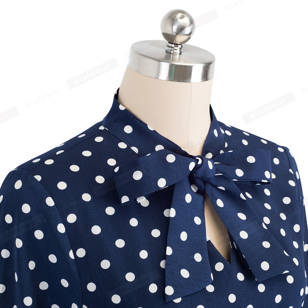 Nice-forever Elegant Vintage Polka Dots Pinup Flroal Dresses Casual Female Flare A-Line Swing Women Dress A130