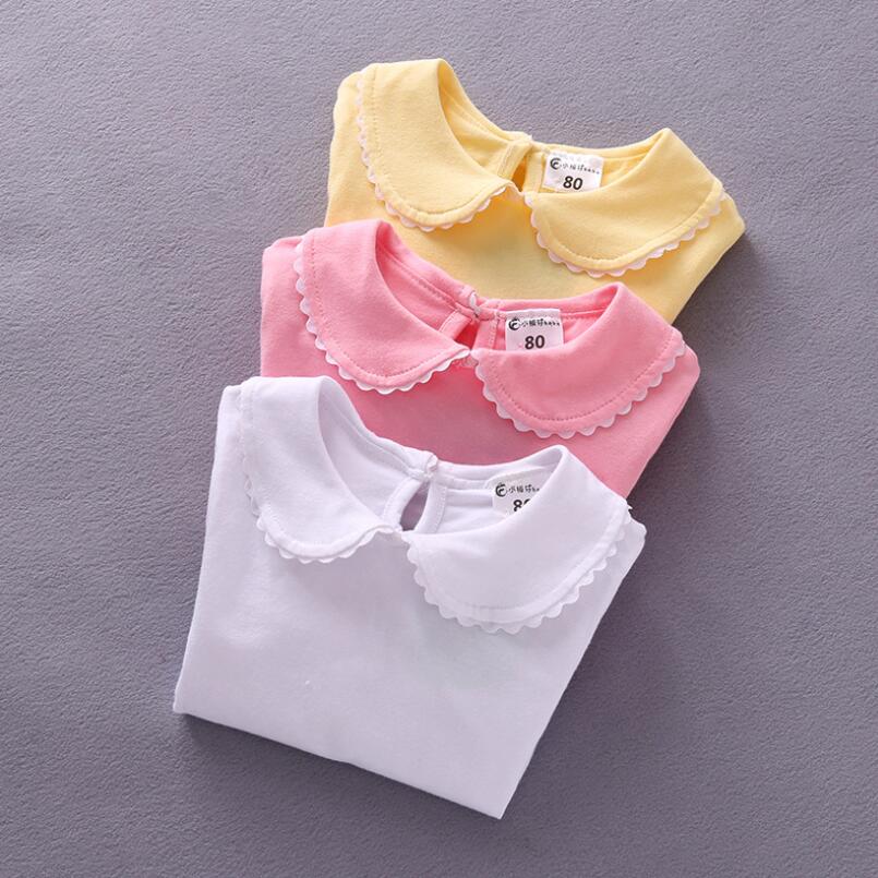 2018 Girls T-shirts Solid Long Sleeve Cotton T shirt Peter Pan Collar Baby Toddler Girl Blouse Shirts Kids Tops Clothes JW6693