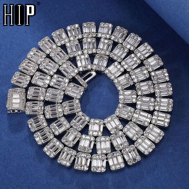 Hip Hop Box Buckle Cubic 9MM Zirconia Necklace Geometric Iced Out Square Baguette Cluste AAA CZ Chains For Men Chokers Jewelry