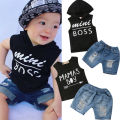 Summer Kids Baby Boys Clothes Set Toddler Sleeveless Sleeveless Hooded T-Shirt Letter Tops Short Jeans Outfits Clothing 2PCs