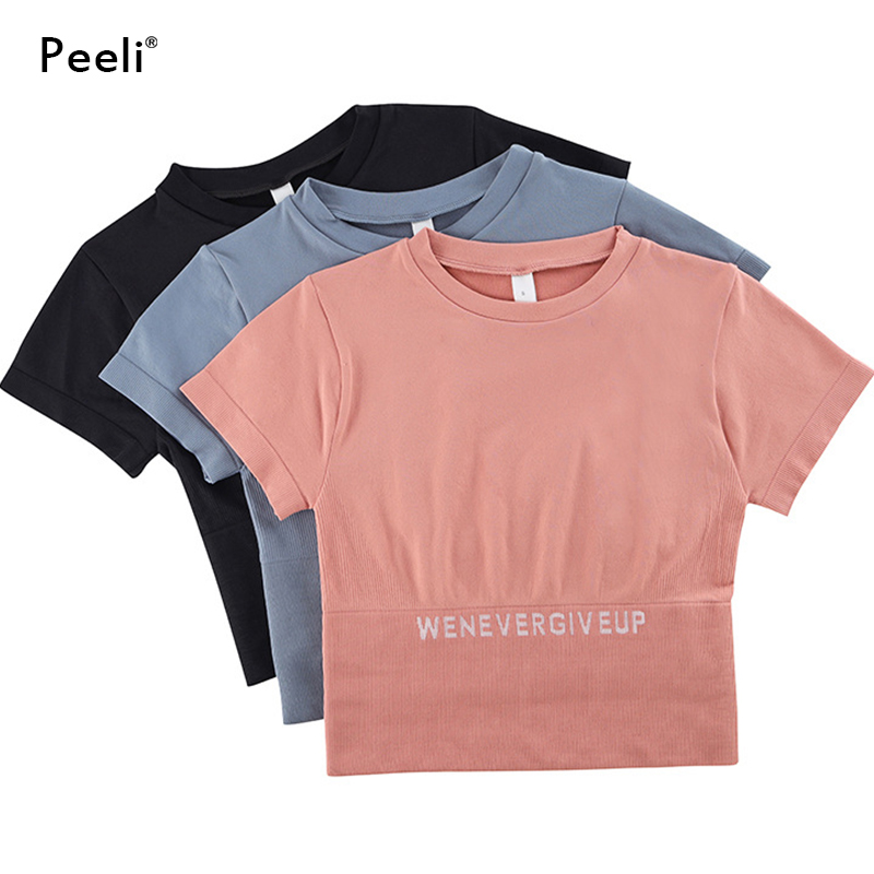 Peeli Short Sleeve Gym Top Sports Shirt Women Yoga Top Fitness Cropped Top Sport Running Active Wear Breathable Workout T-Shirts