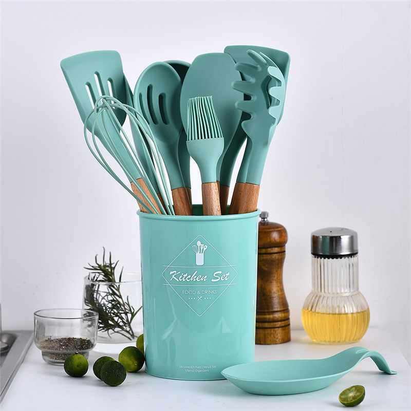 9/11/12PCS Silicone Cooking Utensils Set Non-stick Spatula Shovel Wooden Handle Cooking Tools Set with Storage Box Kitchen Tools