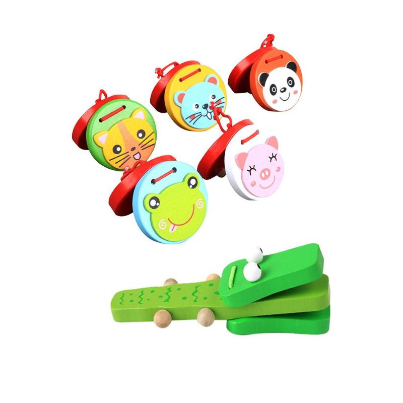 Baby Cute Cartoon Wooden Castanet Clapper Handle Kids Musical Instrument Toy For Children Preschool Early Educational Toys