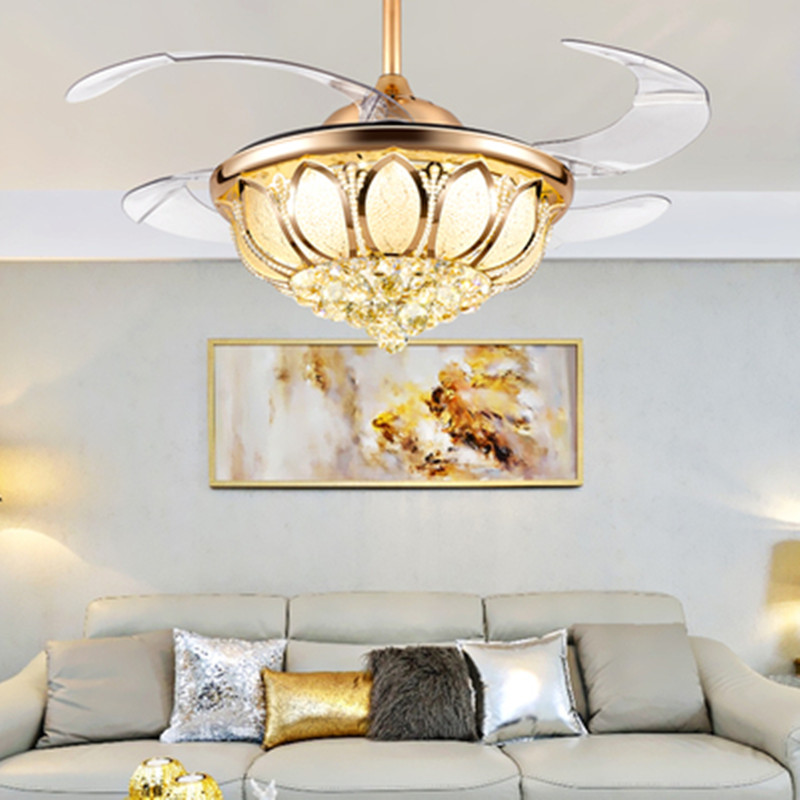 IKVVT European-style Fan Ceiling Light Luxury LED Crystal Invisible Fan Light for Living Dining Bedroom with Remote Control