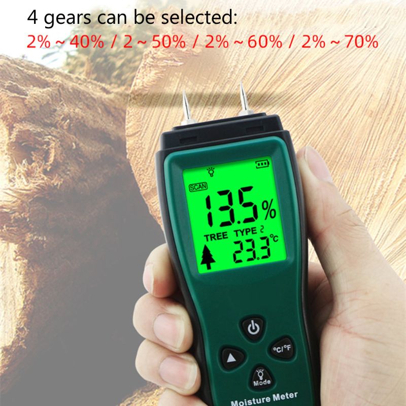 Two Pins Digital Wood Moisture Meter Wood Humidity Tester Timber Damp Detector LCD Display Probe Range 2%~70%
