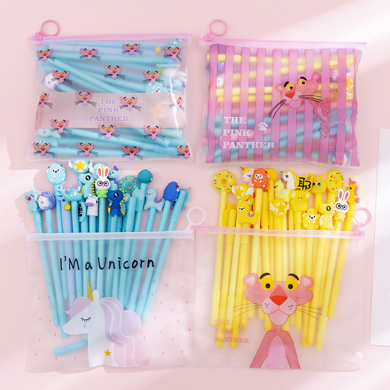 20pcs/set Kawaii Cartoon Pink Panther Gel Pen 0.38mm Unicorn Cute Pen Student Writing Pen and Pencil Case School Office Supplies