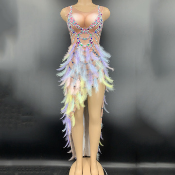 Colorful Crystals Sequins Pearls Feathers Slit Long Dress Stage Outfit Prom Birthday Celebrate Singer Dancer Costume DNV13732