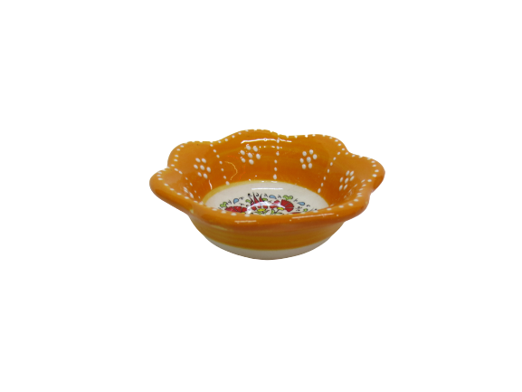 Hand Made Tile Patterned Daisy Shaped Kaolin Clay Quartz Limestone Bowl 8cm Orange Colored Old Turkish Pattern Healty Gift