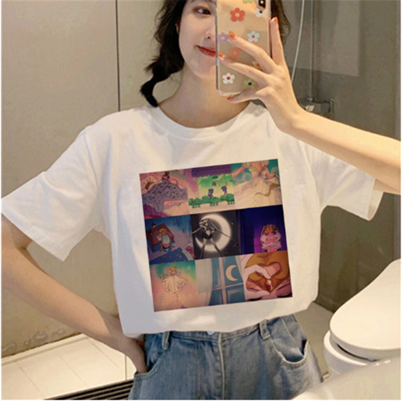 AOWOF Sailor Moon Harajuku Ullzang T-shirt Ladies Korean T-shirt 90s Graphic Cute Aesthetic T-shirt Fun Kawaii Top Tee Girl