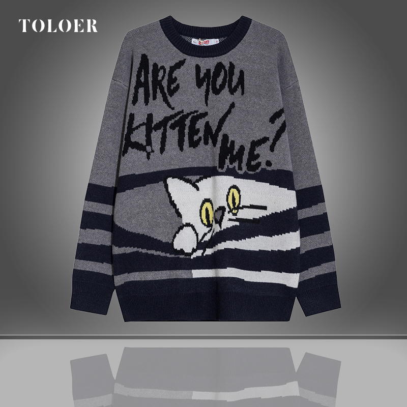 Men Sweater Cartoon Funny Cat Print O-Neck Pullover Sweaters Mens Soft Casual Trendy Fashion Autumn Streetwear Kitten Pattern