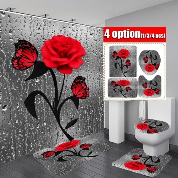 Red Rose&Butterfly Bathroom Non-slip Mat Set Durable Waterproof Shower Curtain Set Pedestal Rug Lid Toilet Cover Bath Mat Rugs