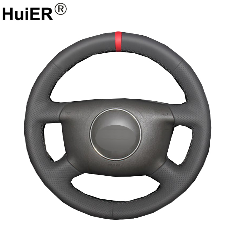 HuiER Hand Sewing Car Steering Wheel Cover Non-slip Car Styling Red Marker For Audi A6 2000-2004 Audi A3 2000-2003 A4 B6 2002