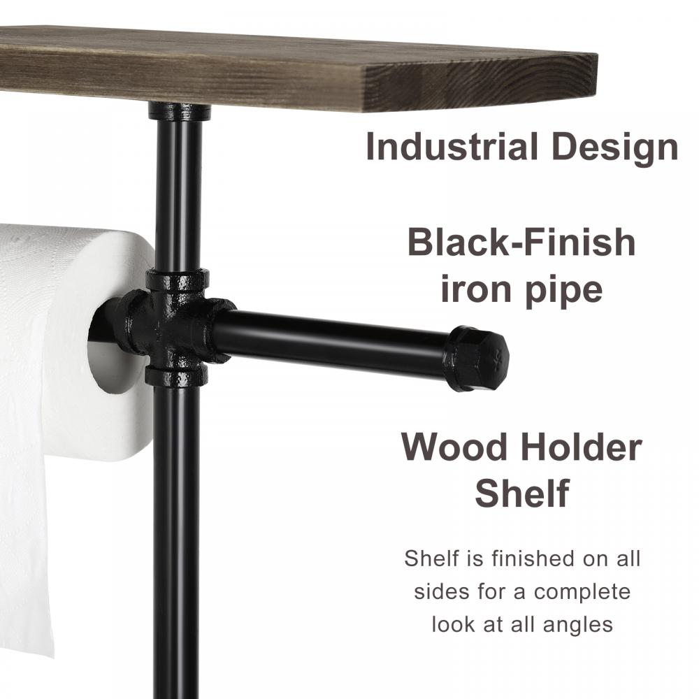 Standing Toilet Paper Holder with Reserve Wood Shelf