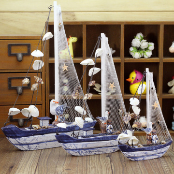 Mediterranean Style Retro Sailing Boat Figurines Ornaments Wooden Crafts Blue Ship Shell Boats Miniature Home Office Decor Gifts