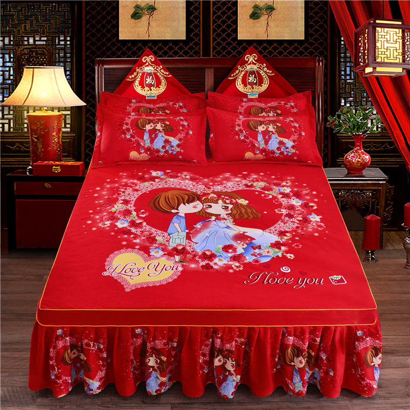 3pcs Set Soft Sanding Bedspread 1pc Printing Bed Skirt +2pcs Pillowcase Twin King Queen Size Bed Cover Wedding Bed Skirt