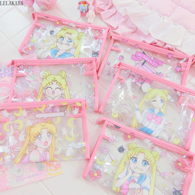 Sailor Moon Anime Action Figure Transparent Waterproof Zipper Pouch Corner Bio Melody Twin Stars Travel Cosmetic Bag Makeup Tool