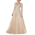 V-Neck Beaded Lace Appliqued Mother of the Bride Dress Long Sleeves Bodice Long Evening Formal Gowns