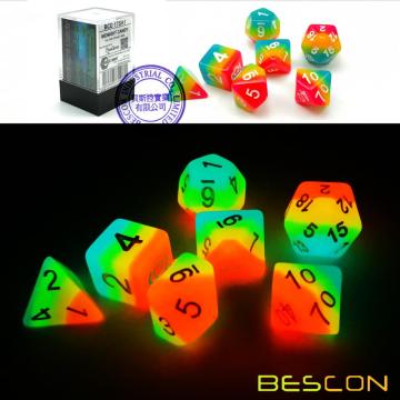 Bescon Fantasy Rainbow Glowing Polyhedral Dice 7pcs Set MIDNIGHT CANDY, Luminous RPG Dice Set Glow in Dark,Novelty DND Game Dice