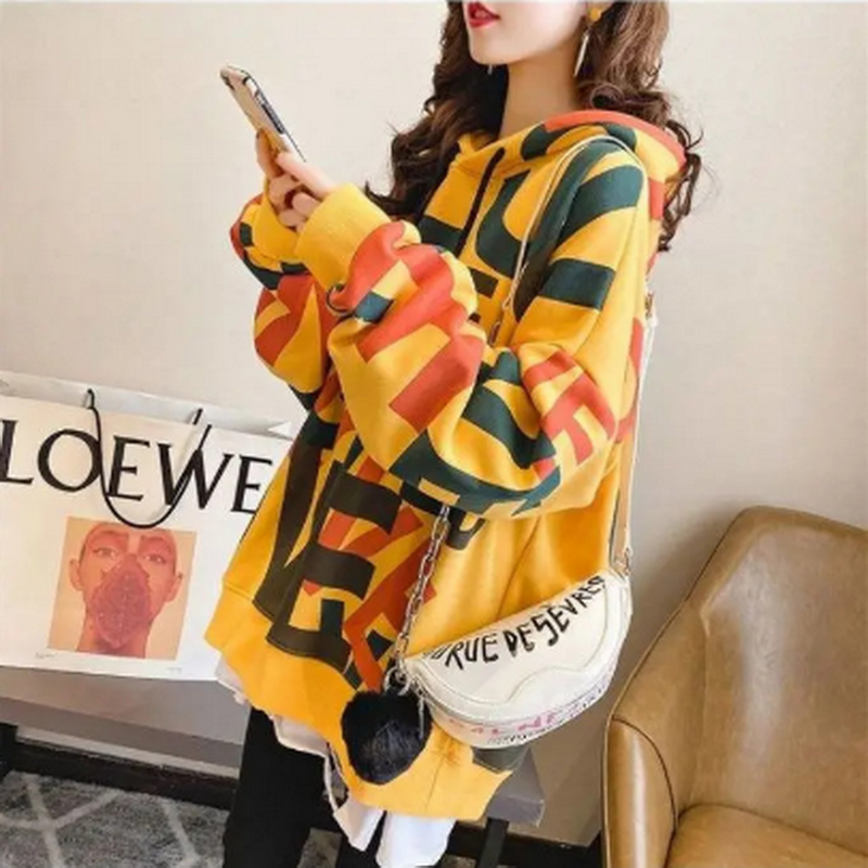 QRWR Korean Women Hoodie Sweatshirts 2020 Winter Casual Fleece Oversized Hoodies Loose Letter Printing Thicken Hoodies for Girls