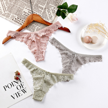 3Pcs/Lot Sexy Lace Thong Low Waist Lace Transparent Panties Women Hollow out Breathable G String Briefs Bow Underwear Lingerie