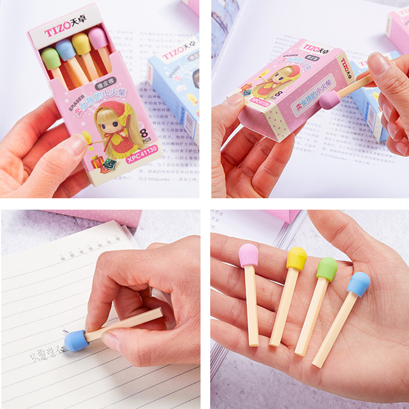 8 pcs/set Cute Kawaii Matches Shape Pencil Eraser Lovely Colored Erasers for Kids Students Gift School Stationery Supplies