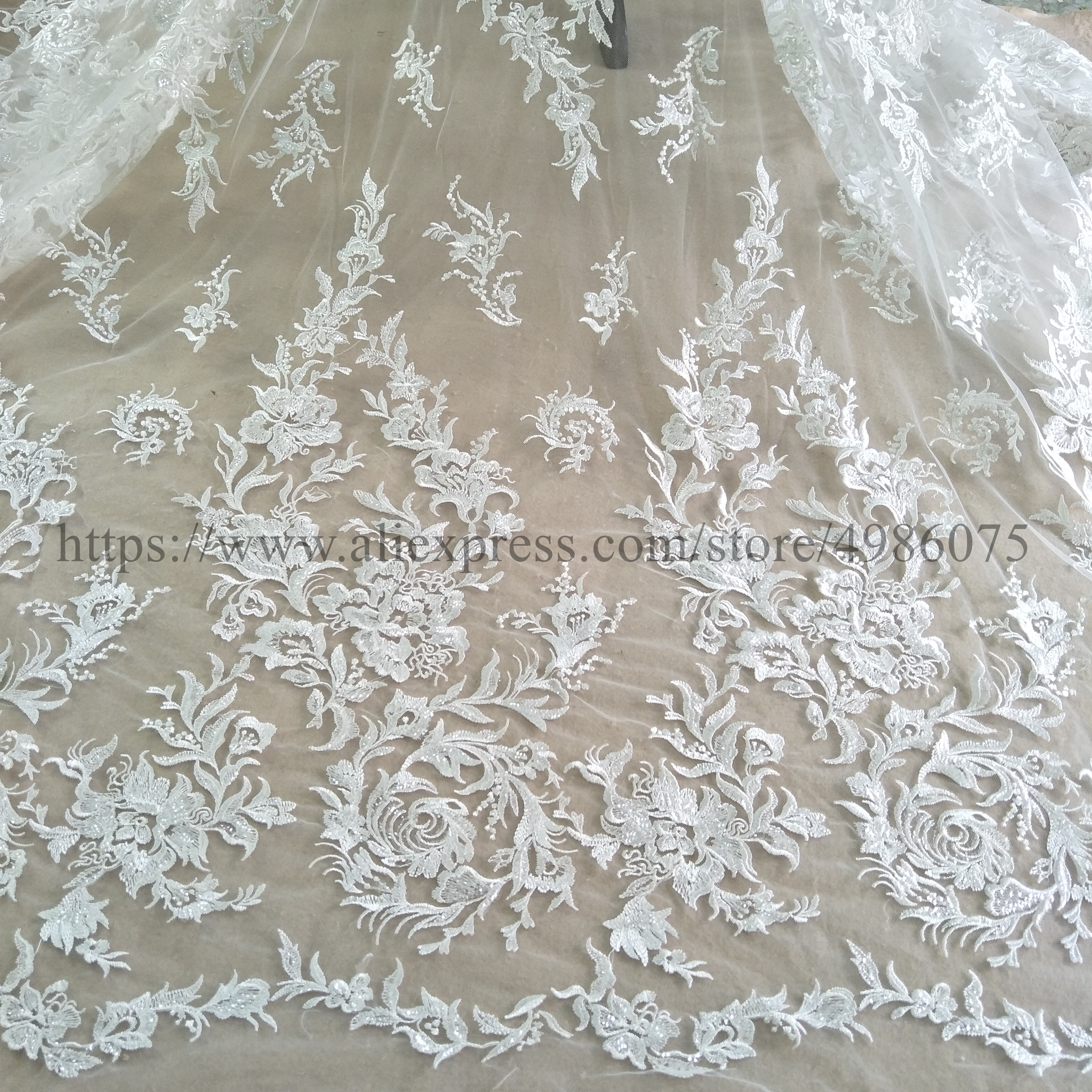 2021New arrival fashion dress lace fabric sequins lace fabric 130cm width bridal lace fabric sell by yard