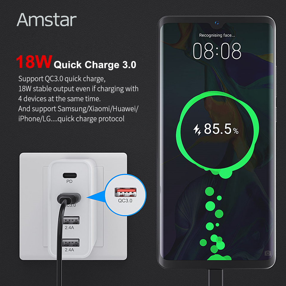 Amstar 48W Multi Quick Charge 3.0 USB C PD Charger for iPhone 12 11 Pro Max X XS Samsung Huawei Tablet QC 3.0 Fast Wall Charger