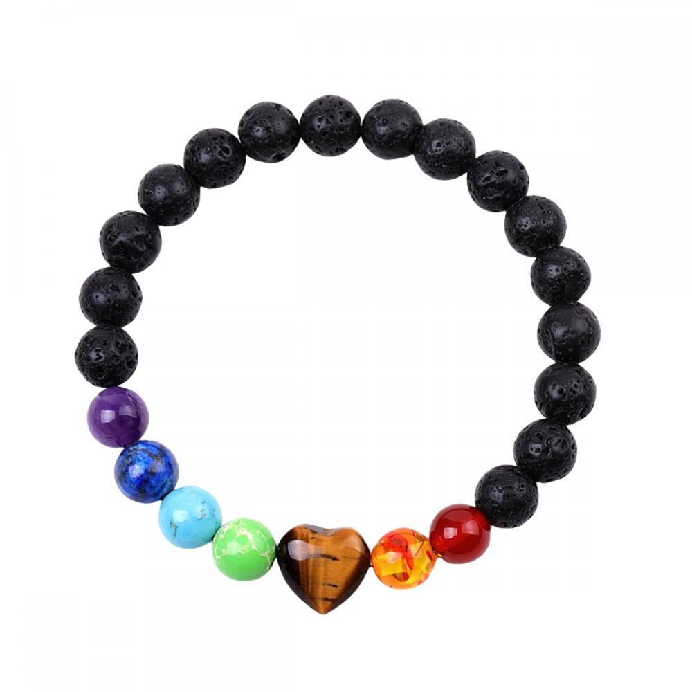 Gemstone 7 Chakra Healing Reiki Stretch Bracelet Black Lava Stone With Crystal Heart Charm Elastic Bracelets for Men Women