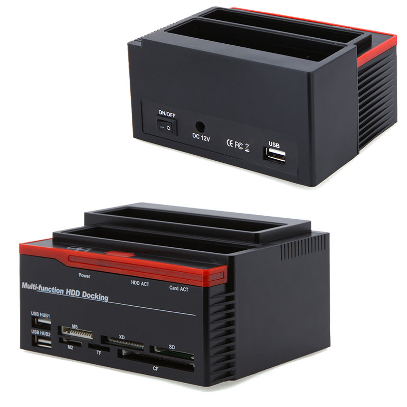 2.5/3.5" SATA IDE HDD Docking Station Clone HDD Enclosure USB 2 ports USB 2.0 Hub MS/M2/XD/CF/SD/TF Card Reader HDD EU/US Plug