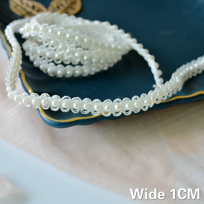 1CM Wide White DIY Hand-stitched Pearl Glitter Beads Braid Lace Ribbon Wedding Dress Skirts Collar Neckline DIY Sewing Appliques
