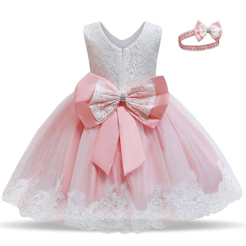 Baby Dress For Girl Bow Lace Christening Gown Baptism Clothes Toddler Newborn Kids Girls 1 Year Birthday Infant Party Clothing