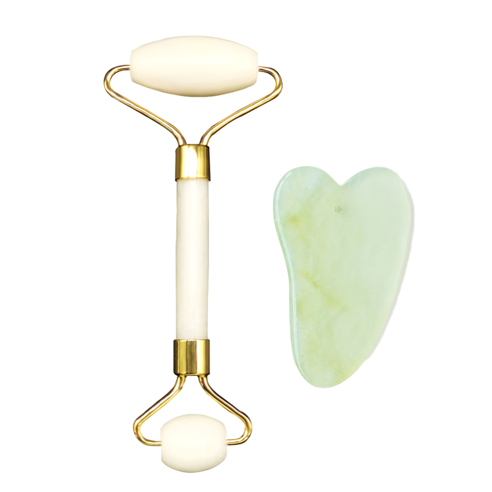 2 in 1 Natural Jade Stone Roller and Guasha Scraper Face Lifting Massager Body Skin Scraping Gua Sha Board Facial Massage Tool