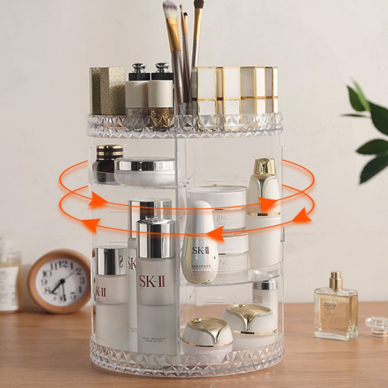 Rotating Makeup Storage Box Lipstick Organizer Storage Rack Transparent Adjustable Cosmetic Plastic Box Diamond Pattern Bathroom