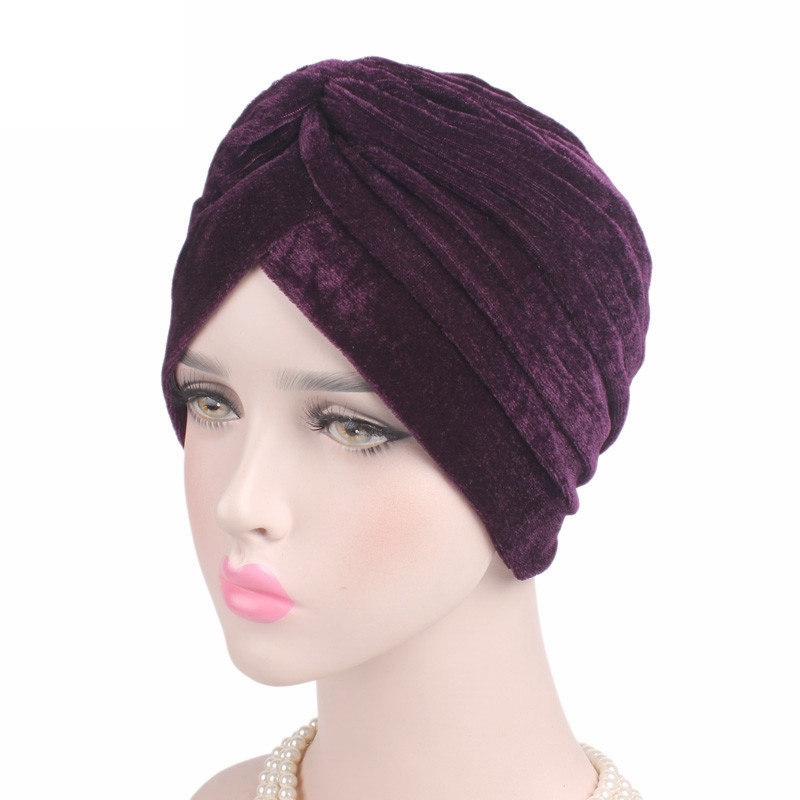 Hair Loss Cover Neon Gold Velvet Warm Headband Hat Double Stretch Fashion Women Hijab Headwear Cap Turban Muslim Ladies