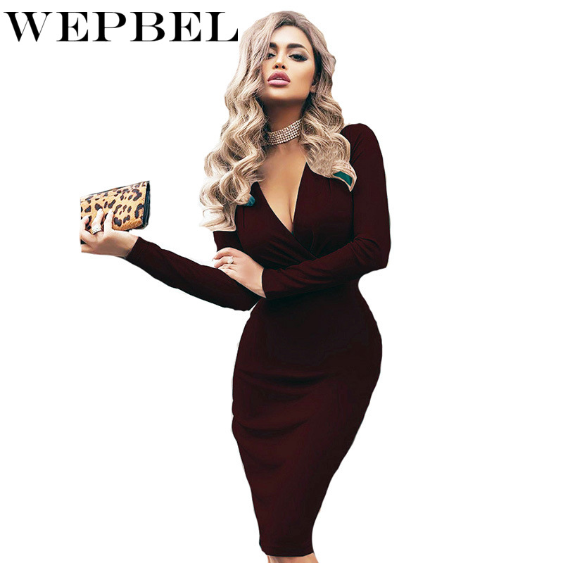 WEPBEL Fashion Career Women Long Sleeved Deep V-neck Fit Work Dress Vintage Elegant Business Office Pencil Bodycon Dress