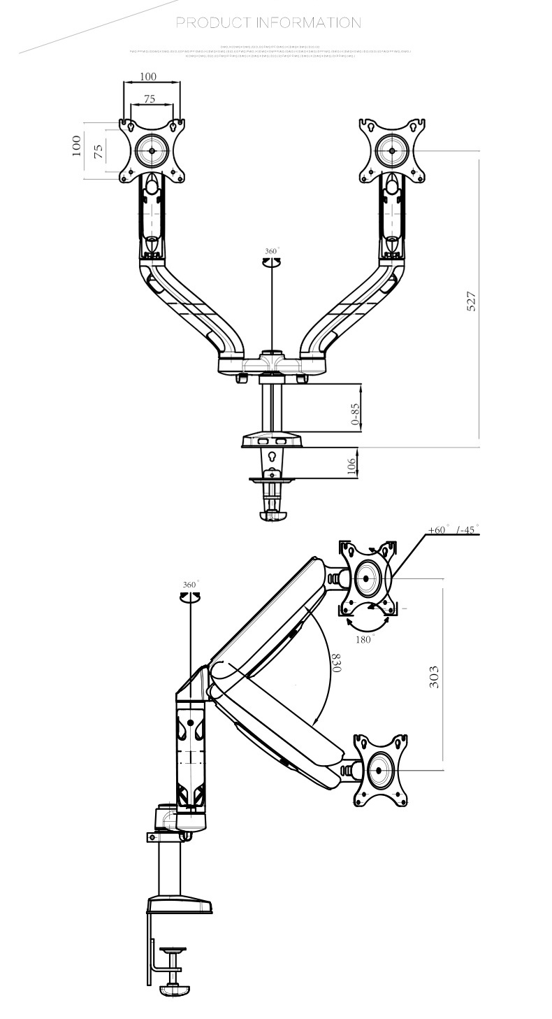 DL-T10-2A 17-27" grommet clamp base LCD LED Monitor desktop stand Holder Arm gas Spring Full Motion TV Mount Loading 2-9 kgs