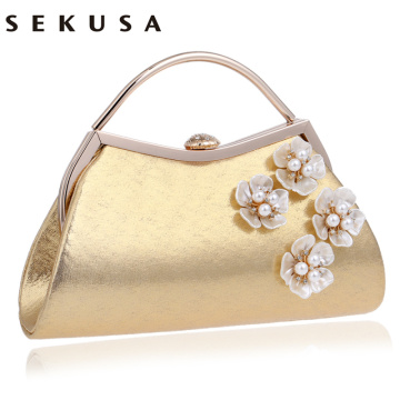 SEKUSA Wedding Party Handbag Shell Flower Accessory Women Evening Bags Silver/Gold Diamonds Handle Chain Shoulder Messenger Bags