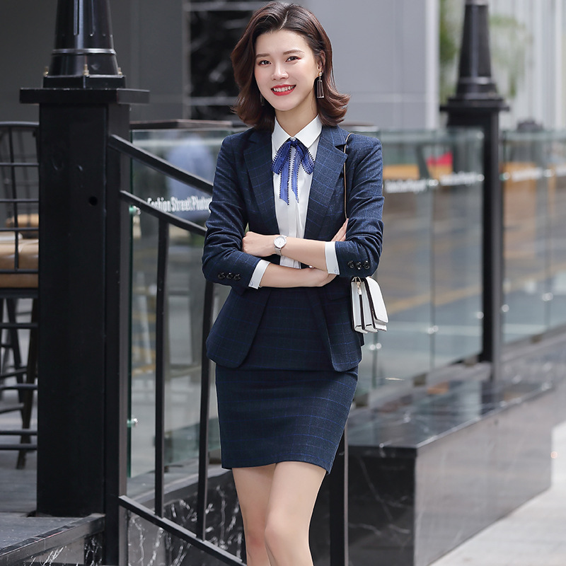 Office Ladies Work Suits Long Sleeve Tuxedo Jacket with Pant Blue Plaid Pant Suit Woman Two 2 Piece Blazer Sets Women Pantsuit