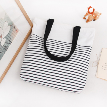 YILE Cotton Canvas Shopping Tote Shoulder Carrying Bag Eco Reusable Bag Zippered Small Stripe E168