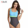 Aikulli 2020 New Women Athletic One Piece Swimsuits Racing Training Sports Bathing Suits Color Block Swimwear Patchwork Monokini