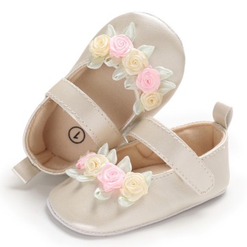 Newborn Baby Simple Small Fresh Flower Baby Girl Toddler Princess PU Shoes Champagne White First Walker