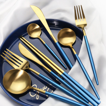 Blue Gold Cutlery Set 304 Stainless Steel Dinnerware Matte Silverware Dinner Knife Fruit Fork Spoon Chopsticks Tableware Set