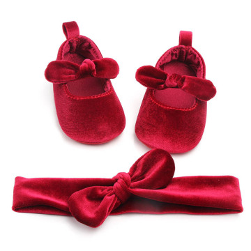 New Baby Girl Shoes Headband Set Big Bowknot Soft Bottom Newborn Toddler Infant Shoes